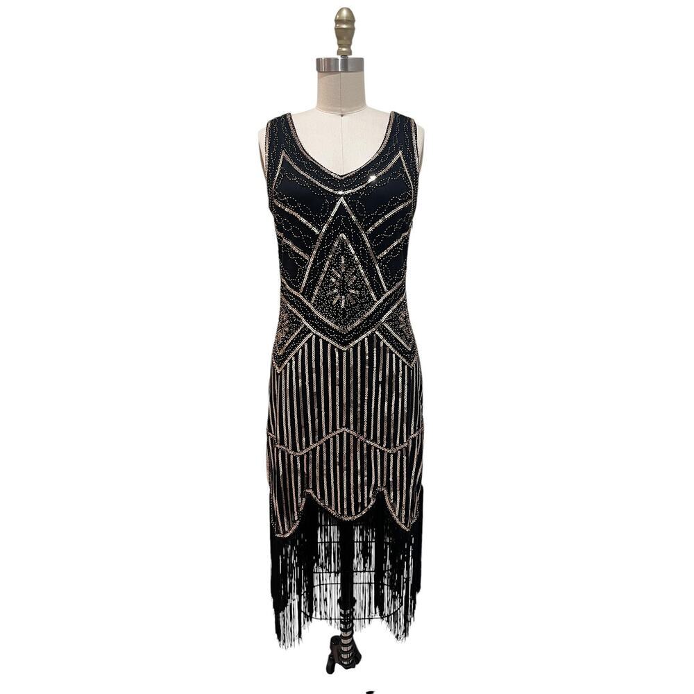 Flapper Dress Womens Small Black Gold Sequin Beads Fringe Midi 20s Gatsby Party